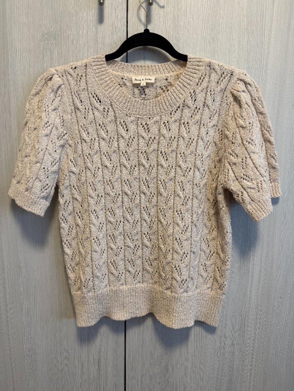 Aaron & Amber Cream Pointelle Cable Knit Puff Sleeve Sweater Top L